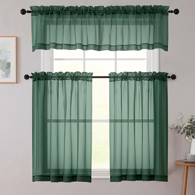 Hunter Green Valances for Windows, Sheer Curtains 14 Inch Length 2 Pack Kitchen Curtain, Modern Solid Mini Small Window Curtains for Cafe Bathroom Basement, Hunter Green, Each 42"Wx14"L Inch