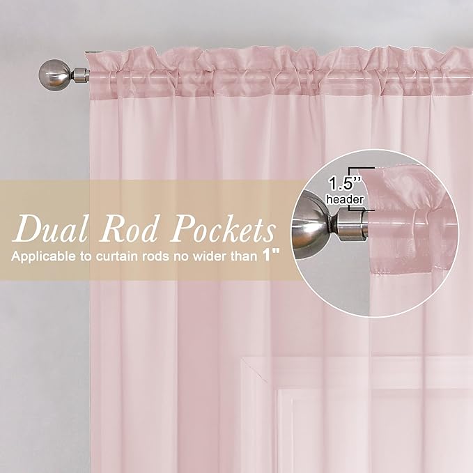 Lecloud Blush Pink Sheer Curtains 63 Inch Length 2 Panels, Light Filtering Window Voile Curtain & Drapes for Kitchen/Living Room/Children Room, Dual Rod Pocket Girls Bedroom Drape, 42x63 Inches