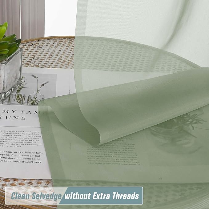 Sage Green Window Sheer Curtains 45 Inches Length, Voile Short Curtains for Living Room Bedroom, Modern Soft Window Drapes 2 Panels Set, Top Dual Rod Pocket Design, 2x42Wx45L Inches