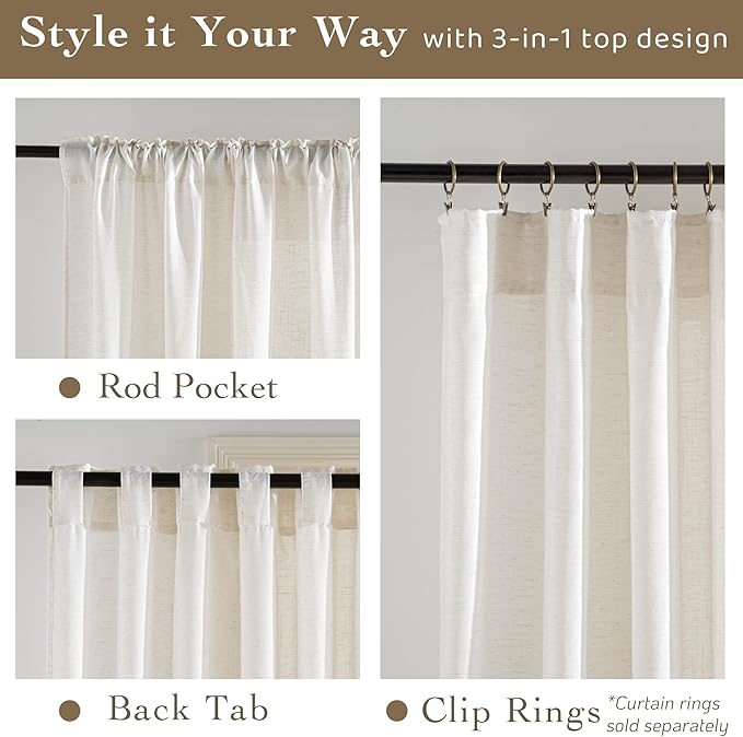 RYB HOME Sheer Linen Curtains Extra Long Light Airy Privacy Protected High Ceiling Window Curtains for Bedroom Living Room, Rod Pocket & Back Tab, Ivory, W 52 x L 120 inch, Set of 2