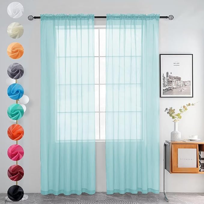 youleyar Solid Sheer Rod Pocket Curtain Voile Draperies 2 Panels White Beige Black Grey Ivory 52 Inch Width 84 Inch Long 1 Pair for Kitchen Bedroom Children Living Room Yard (Sky Blue,52Wｘ84L)