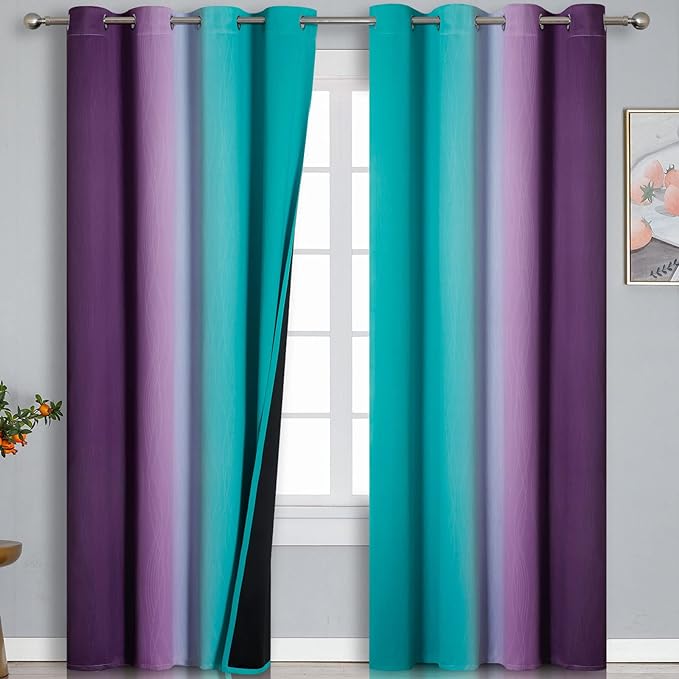 Estelar Textiler Teal and Purple Blackout Curtains for Bedroom, Thermal Insulated Drapes 108 Inches Long, Full Light Blocking Energy Saving Long Curtains for Living Room, 52Wx108L, 2 Panels