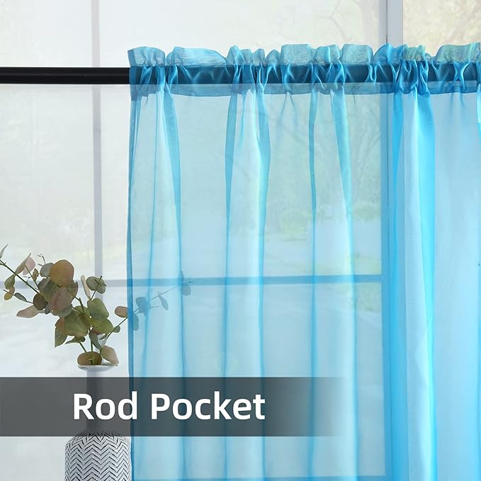 youleyar Solid Sheer Rod Pocket Curtain Voile Draperies 2 Panels White Beige Black Grey Coffee 52 Inch Width 45 Inch Long 1 Pair for Kitchen Bedroom Children Living Room Yard (Cyan Blue,52Wｘ45L)