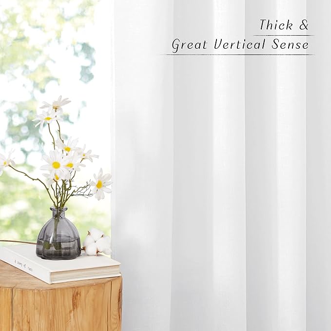 NICETOWN Linen White Curtains 96 inches Long for Farmhouse, Grommet Thick Linen Flax Drapes Privacy Added with Light Filtering Window Treatments for Bedroom/Living Room, W55 x L96, 2 Panels