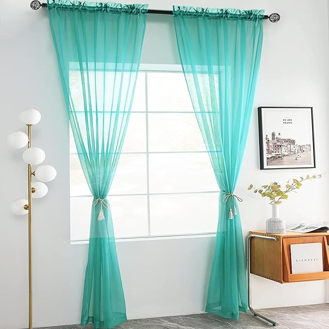 youleyar Solid Sheer Rod Pocket Curtain Voile Draperies 2 Panels White Beige Black Grey Coffee 52 Inch Width 45 Inch Long 1 Pair for Kitchen Bedroom Children Living Room Yard (Turquoise,52Wｘ45L)