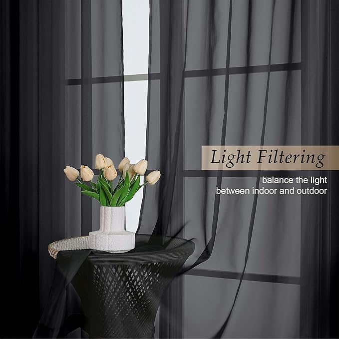 Black Sheer Curtains 84 Inches Long 2 Panels Set for Bedroom Living Room, Soft Airy Light Filtering Modern Solid Rod Pocket Drapes Window Treatments, Black, Each 59" W x 84" L