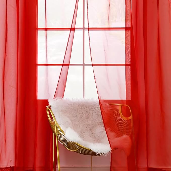 youleyar Solid Sheer Rod Pocket Curtain Voile Draperies 2 Panels White Beige Black Grey Coffee 52 Inch Width 72 Inch Long 1 Pair for Kitchen Bedroom Children Living Room Yard (Red,52Wｘ72L)