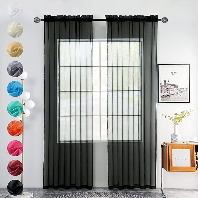 youleyar Solid Sheer Rod Pocket Curtain Voile Draperies 2 Panels White Beige Black Grey Coffee 60 Inch Width 63 Inch Long 1 Pair for Kitchen Bedroom Children Living Room Yard(Black,60Wｘ63L)
