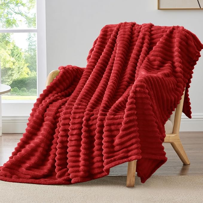 BEDELITE Fleece Throw Blanket for Couch - 300GSM Soft & Warm Fluffy Burgundy Blanket, Decorative and Giftable Striped Blankets for Women, Men, 50"x60"