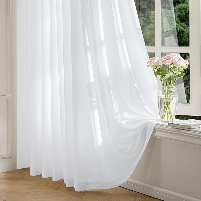 FMFUNCTEX Sheer Non-See-Through White Curtains for Bedroom, Faux Silk that Let Light Curtains 108 inches Long Light Filtering Privacy Sheer Window Drapes for Living Room, Rod Pocket 2 Panels Set