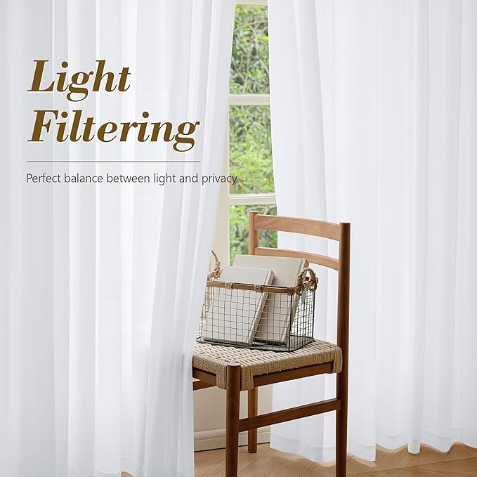 FMFUNCTEX Sheer Non-See-Through White Curtains for Bedroom, Faux Silk that Let Light Curtains 72 inches Long Light Filtering Privacy Sheer Window Drapes for Living Room, Rod Pocket 2 Panels Set