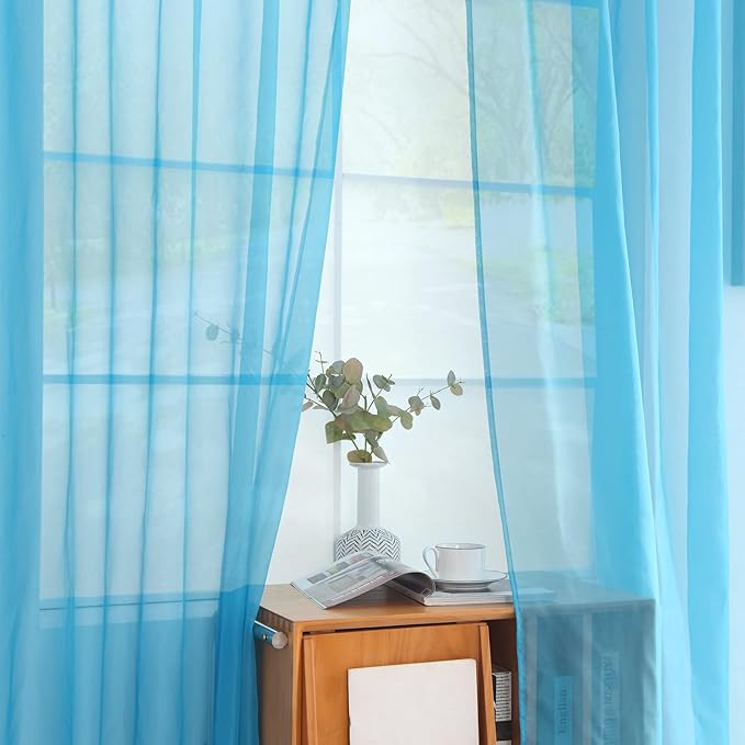 youleyar Solid Sheer Rod Pocket Curtain Voile Draperies 2 Panels White Beige Black Grey Coffee 52 Inch Width 45 Inch Long 1 Pair for Kitchen Bedroom Children Living Room Yard (Cyan Blue,52Wｘ45L)