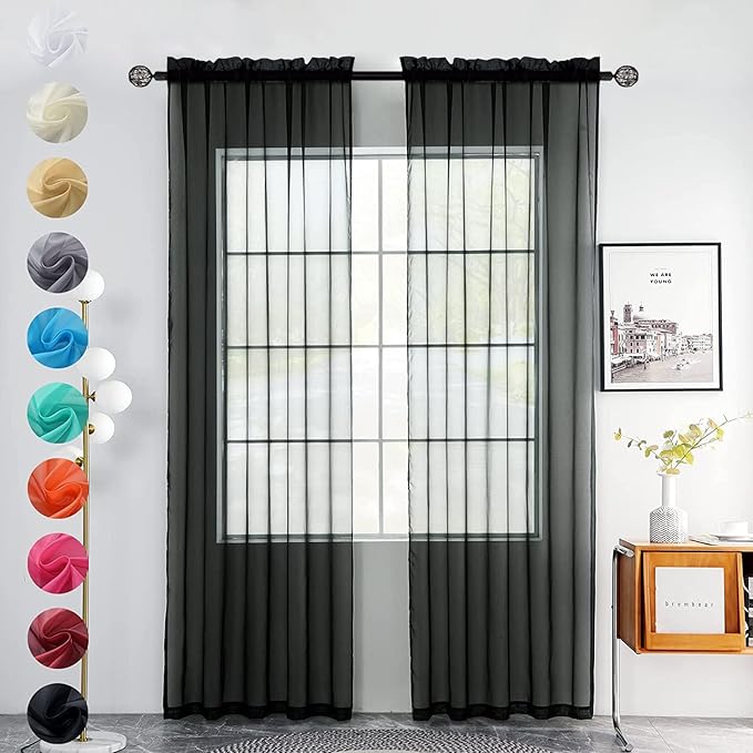 youleyar Solid Sheer Rod Pocket Curtain Voile Draperies 2 Panels White Beige Black Grey Coffee 52 Inch Width 45 Inch Long 1 Pair for Kitchen Bedroom Children Living Room Yard(Black,52Wｘ45L)