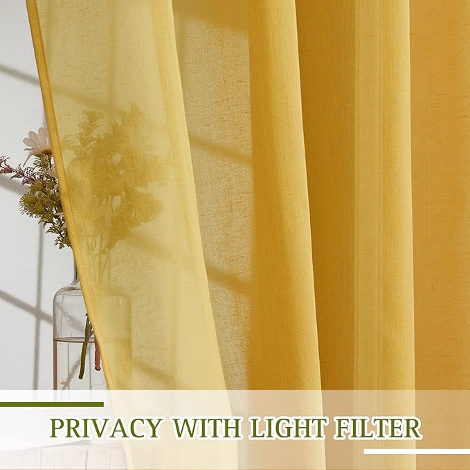 NICETOWN Citrine Linen Curtains 108 inches Long, Grommet Decorative Semi Sheer Gold Curtains Linen Blend Window Drapes Privacy with Light Filtering for Living Room, W52 x L108, 2 Panels