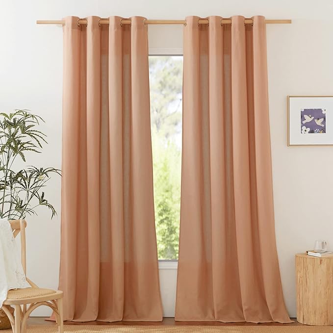 NICETOWN Linen Curtains 84 inch Length 2 Panels Burnt Orange, Grommet Privacy Added Thick Flax Linen Burlap Semi Sheer Light Filtering Window Curtain Drapes for Bedroom/Flat, W55 x L84
