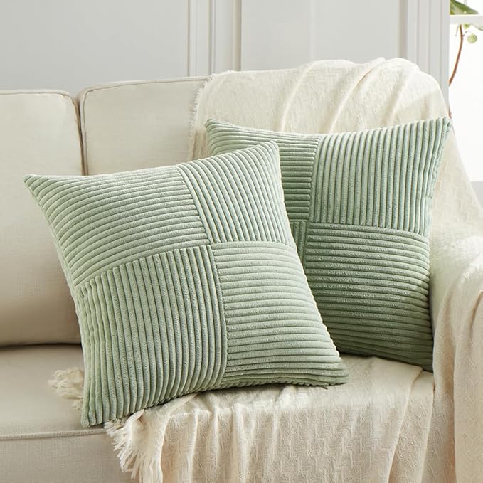 Fancy Homi 2 Packs Sage Green Decorative Throw Pillow Covers 22x22 Inch for Living Room Couch Bed Sofa, Farmhouse Boho Home Decor, Soft Corss Corduroy Patchwork Accent Square Cushion Case 55x55 cm