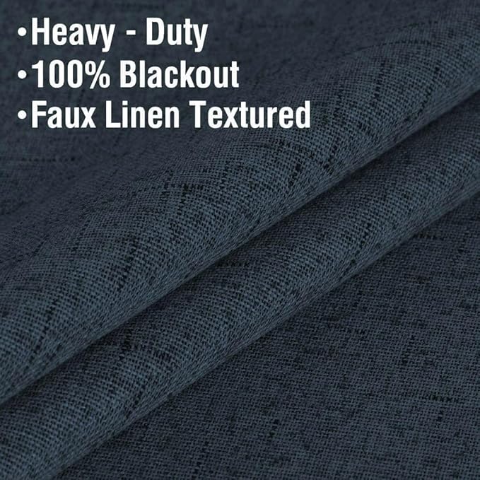 H.VERSAILTEX Primitive Linen Curtains 100% Blackout Curtain Drapes Burlap Fabric Curtains with White Thermal Insulated Liner, Grommet Top Drapes Living Room/Bedroom (2 Panels, 42 x 45 Inch, Navy)