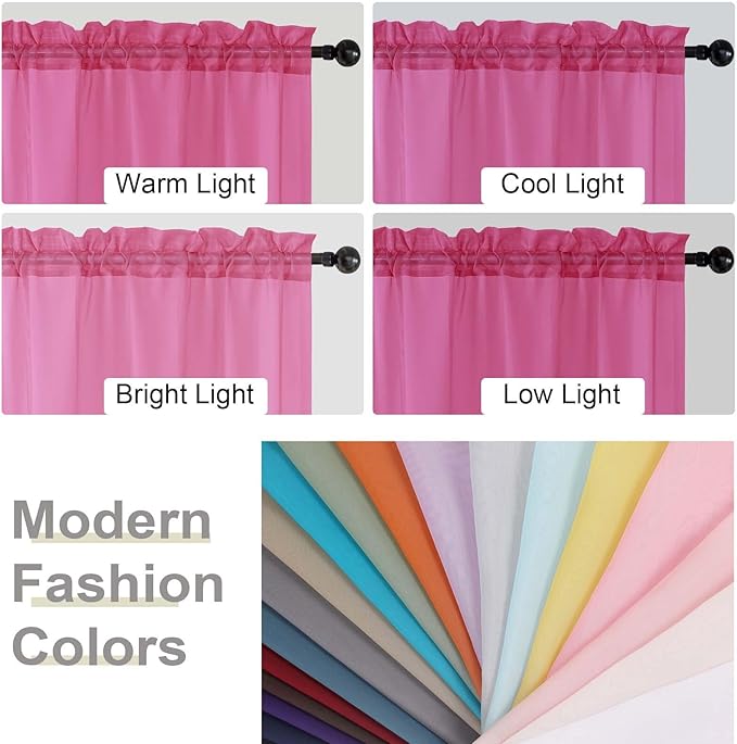 Hot Pink Valances for Windows, Hot Pink Sheer Curtains 14 Inch Length 2 Pack Kitchen Drapes, Modern Solid Mini Small Window Curtains for Cafe Bathroom Basement, 42" Wx14 L Inches