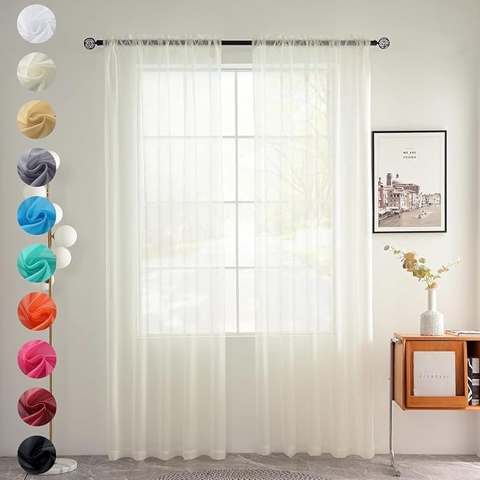 youleyar Solid Sheer Rod Pocket Curtain Voile Draperies 2 Panels Ivory Beige Black Grey Coffee 60 Inch Width 108 Inch Long 1 Pair for Kitchen Bedroom Children Living Room Yard(Ivory,60Wｘ108L)
