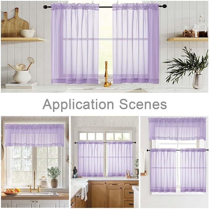 Kitchen Curtains 24 Inch Length Tier 2 Pieces, Lavender Sheer Curtain Solid Soft Sheer Short Curtains for Windows, Cafe Bathroom Basement Rod Pocket Drapes, Lavender, Each 42" Wx24 L Inches