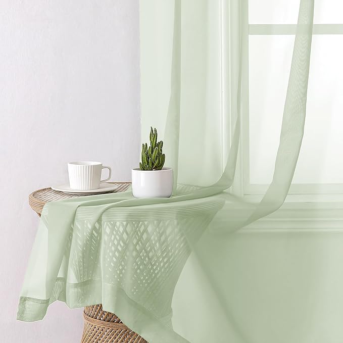 Lecloud Light Green Sheer Curtains 63 Inch Length 2 Panels Set, Elegant Voile Curtains for Bedroom Living Room, Airy Sheer Drapes for Dinning Room with Rod Pocket, Each Panel 42 X 63 Inch