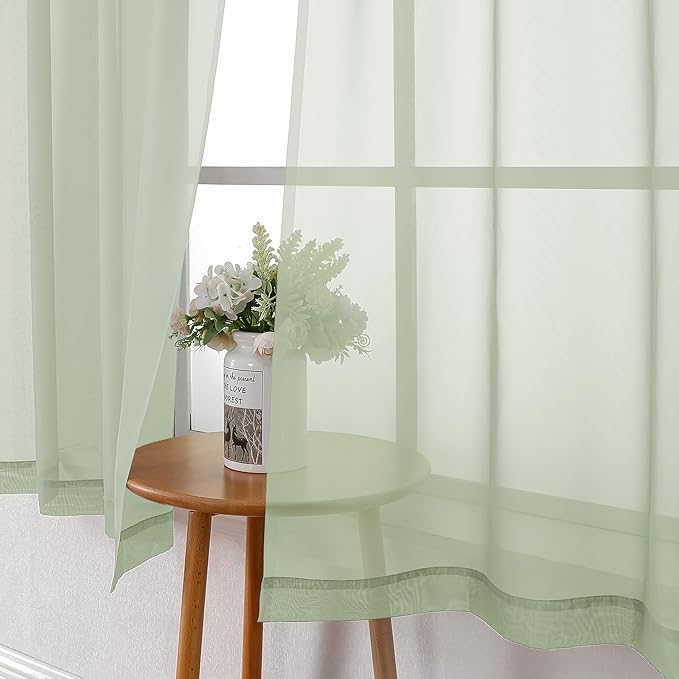 Lecloud Light Green Sheer Curtains 63 Inch Length 2 Panels Set, Elegant Voile Curtains for Bedroom Living Room, Airy Sheer Drapes for Dinning Room with Rod Pocket, Each Panel 42 X 63 Inch