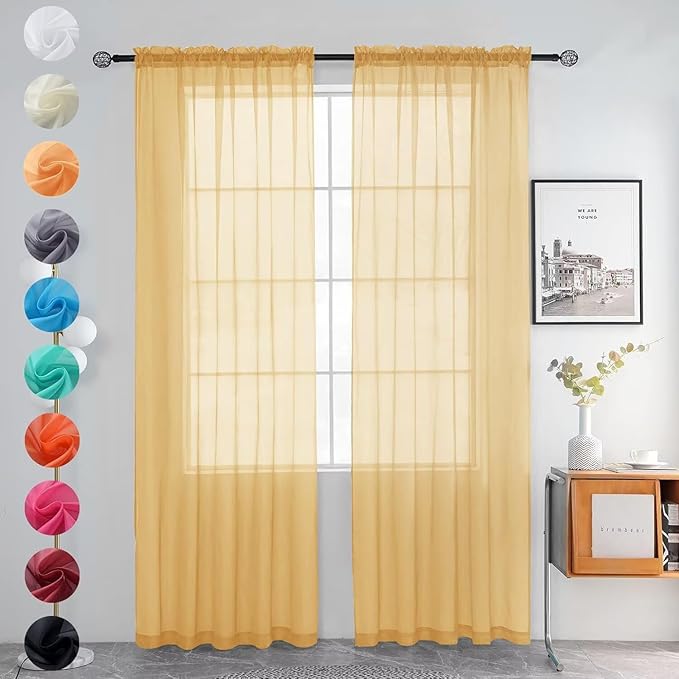 youleyar Solid Sheer Rod Pocket Curtain Voile Draperies 2 Panels White Beige Black Grey Ivory 52 Inch Width 84 Inch Long 1 Pair for Kitchen Bedroom Children Living Room Yard (Gold,52Wｘ84L)