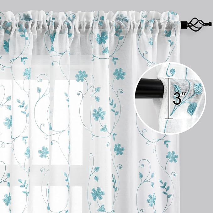 HOMEIDEAS White and Blue Embroidered Floral Sheer Curtains 63 Inch Length 2 Panels Flower Pattern Semi Sheer Window Curtains for Bedroom Living Room