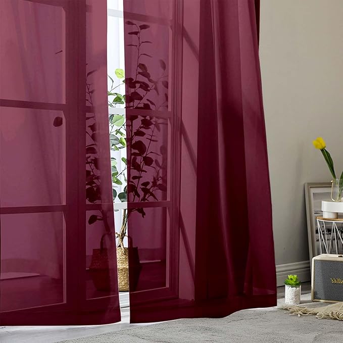 Extra Long Sheer Burgundy Curtains for Bedroom Living Room 120 Inches Long 2 Panels Set, Solid Soft Light Filtering Rod Pocket Sheer Window Curtains, Burgundy, Each 42" Wx120 L Inch