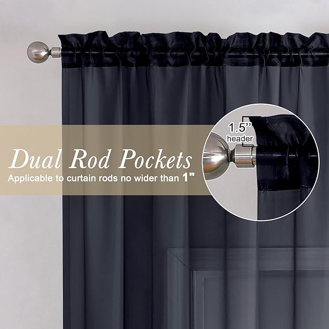 Lecloud Black Sheer Curtains 50 Inch Length 2 Pcs, Light Filtering Bedroom Curtains for Living Room Window Treatments, Rod Pockets Voile Drapes for Bathroom Basement, Each Panel 42" W x 50" L