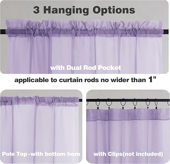 Chyhomenyc Lilac Sheer Curtains 36 inch Length 2 Panels, Light Filtering Voile Rod Pocket Short Window Curtians for Bathroom Living Room Farmhouse Small Windows, 42Wx36L inches