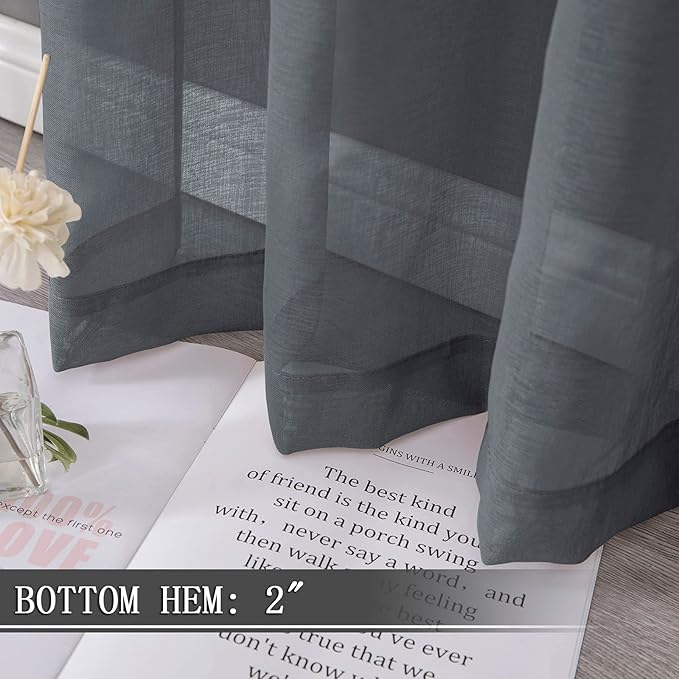 Tollpiz Short Sheer Curtains Living Room Linen Textured Curtain Sheers Light Filtering Voile Rod Pocket Curtains for Bedroom, 38 x 45 inches Long, Dark Grey, Set of 2 Panels
