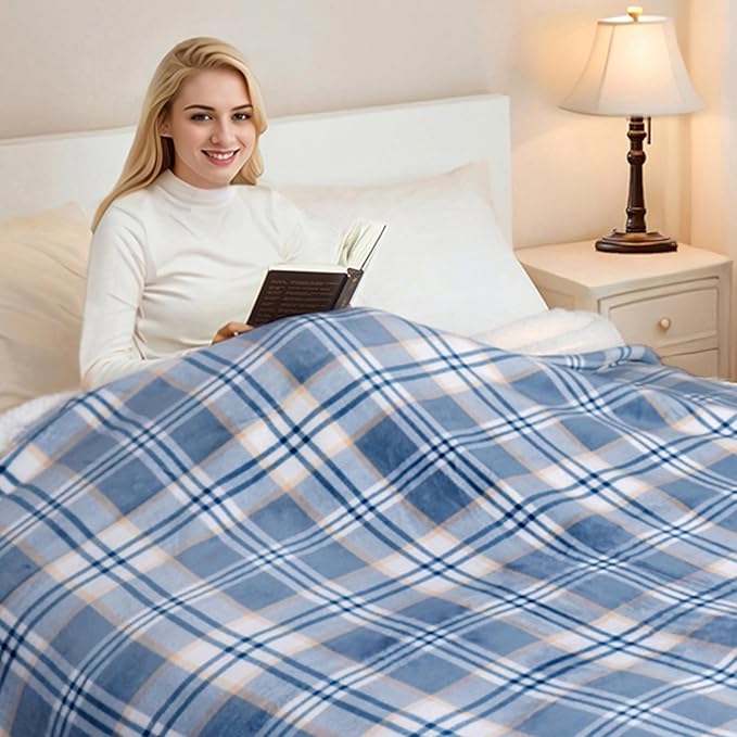 PU MEI Sherpa Blanket Twin Plaid Thick Bed Blanket, 60”*80” Super Soft Flannel Fuzzy Fleece Reversible Velvet Plush Warm Blanket for Couch (Blue White Check)