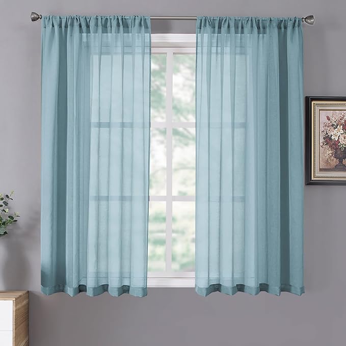 Tollpiz Short Sheer Curtains Living Room Linen Textured Curtain Sheers Light Filtering Voile Rod Pocket Curtains for Bedroom, 38 x 45 inches Long, Dusty Blue, Set of 2 Panels