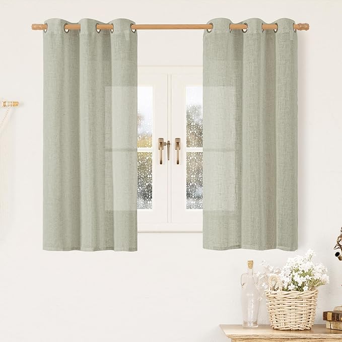 LAMIT Short Linen Curtains 48 Inch Length 2 Panels, Semi Sheer Light Filtering Panels Bronze Grommet Drapes for Small Window/Bathroom/Bedroom/Basement, Sage Grey, 34 x 48 Inch