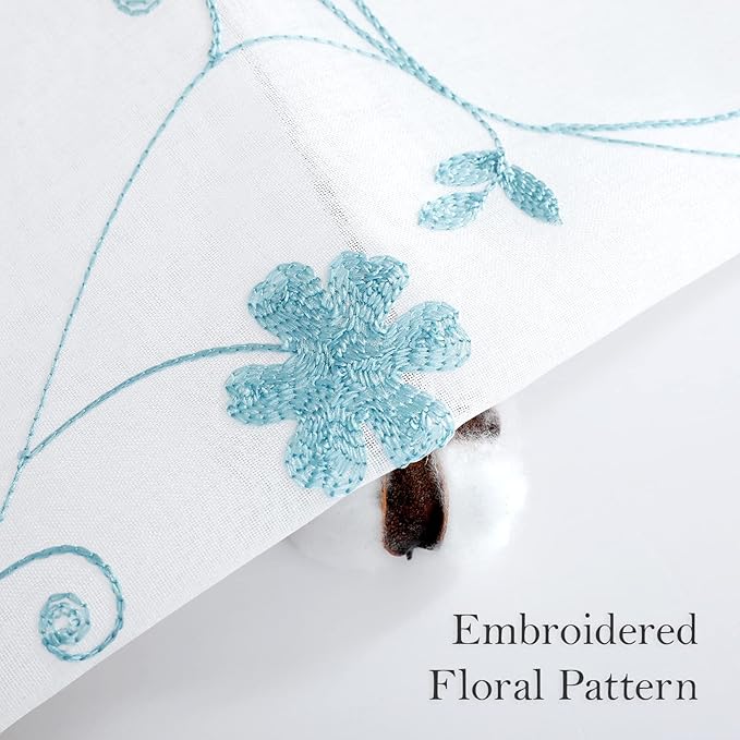 HOMEIDEAS White and Blue Embroidered Floral Sheer Curtains 96 Inches Long 2 Panels Flower Pattern Semi Sheer Window Curtains for Bedroom Living Room