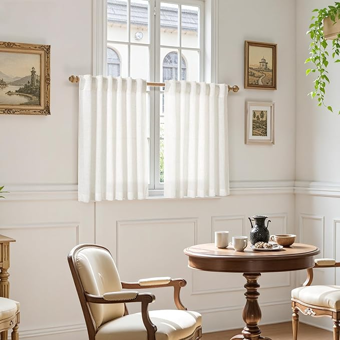 Beige White Linen Curtains for Kitchen Windows Over Sink Neutral 30 Inch Length Back Tab and Rod Pocket Light Filtering Semi Sheer Cafe Curtain for Bathroom RV Small Window 30 x 30 Inch,2 Panels