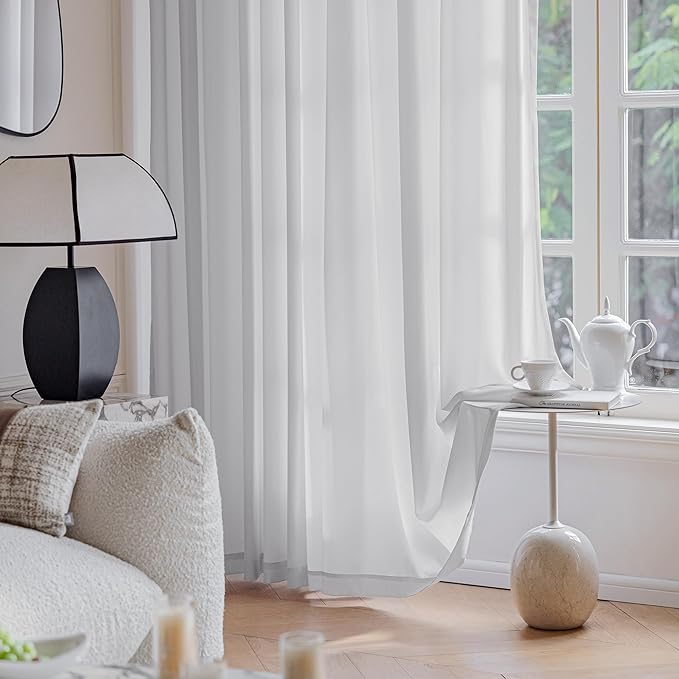 FMFUNCTEX Sheer Non-See-Through Grey Curtains for Bedroom, Faux Silk that Let Light Curtains 72 inches Long Light Filtering Privacy Sheer Window Drapes for Living Room, Rod Pocket 2 Panels Set