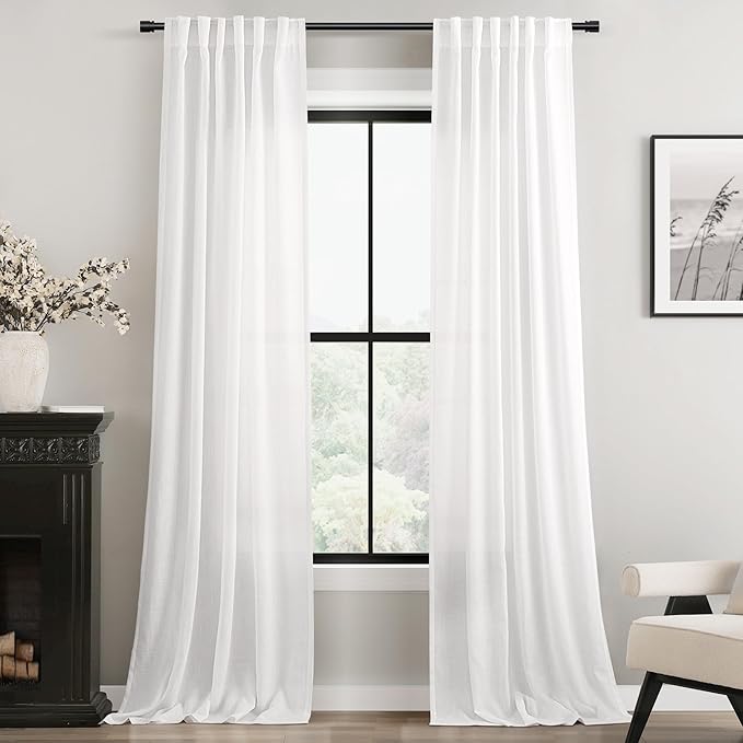 White Curtains 102 inches Long 2 Panels Back Tab Light Filtering Cotton Textured Curtain Modern Farmhouse Coastal Decor Off White Linen Drapes 102 inch Length for Patio Sliding Door Office 42x102
