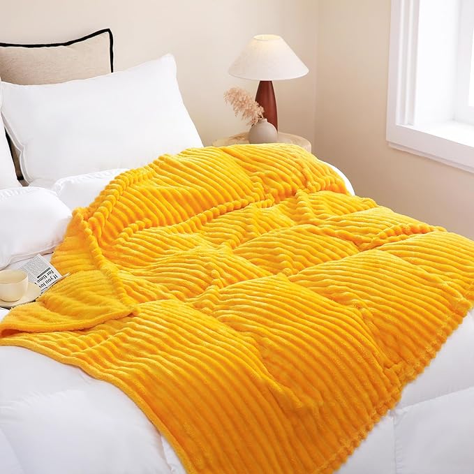 Gold Fleece Throw Blanket 90”×90” for Couch Sofa Bed,Super Soft Cozy Plush Microfiber Flannel Blanket with Stripes Design Lightweight for Adults,Woman,Girls