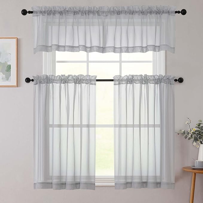 Cafe Curtains 36 Inch Length Tier 2 Pieces, Modern Soft Airy Sheer Kitchen Short Curtains for Small Window, Rod Pocket Small Curtain for Bathroom Basement, Light Grey, Each, 42"Wx36"L Inches