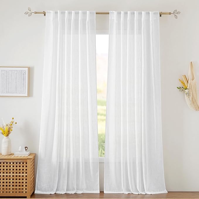 RYB HOME White Sheer Curtains for Bedroom, Semi Sheer Privacy Curtains & Drapes Linen Wave Texture Harsh Sunlight Filter for Hallway Window Guest Room Country House, 52 x 120 inches Long, 2 Panels