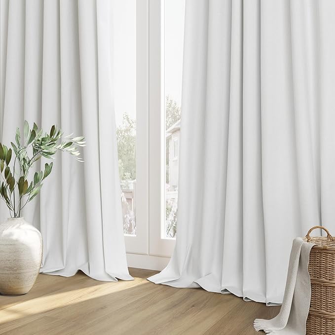 Guken White 100% Blackout Linen Curtains 52 Inch Wide by 114 Inch for Living Room Bedroom Back Tab/Rod Pocket Thermal Insulated Black Out Linen 2 Drapes Room Darkening Window Curtains