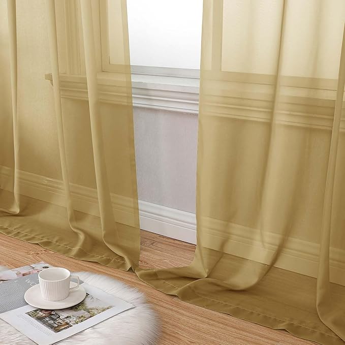 Gold Sheer Curtains for Bedroom Living Room 96 Inches Long 2 Panels, Modern Airy Soft Lightweight Rod Pocket Light Filtering Sheer Curtains Drapes, Gold, Each 59" Wx96 L Inch
