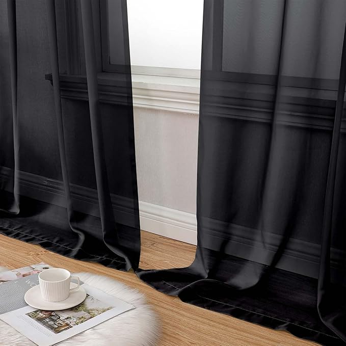 Extra Long Sheer Black Curtains for Bedroom Living Room 108 Inches Long 2 Panels Set, Solid Soft Light Filtering Rod Pocket Sheer Window Curtains, Black, Each 42" Wx108 L Inch