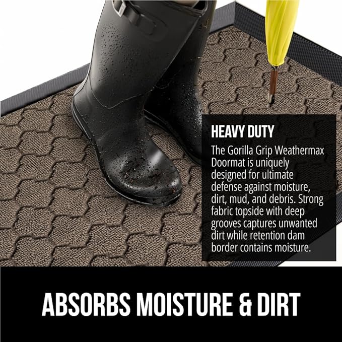 GORILLA GRIP 100% Waterproof All-Season WeatherMAX Doormat US Designed Natural Rubber, Stain and Fade Resistant, Low Profile Indoor Outdoor Door Mats, Easy Clean Patio Mat, 29x17, Latte Quatrefoil