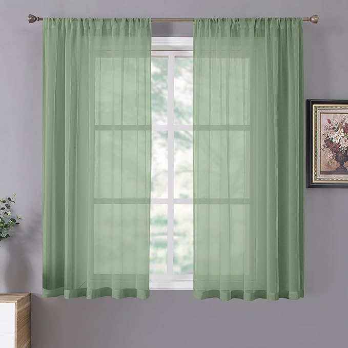 Tollpiz Short Sheer Curtain Linen Textured Bedroom Curtains Sheer Light Filtering Rod Pocket Voile Curtain for Living Room, 54 x 54 inches Long, Sage Green, Set of 2 Panels