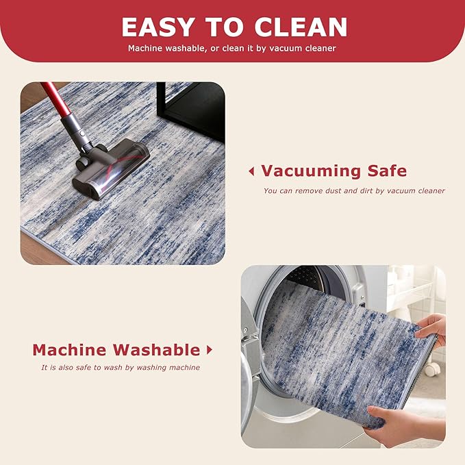KOZYFLY Area Rug 6x9 Modern Ombre Thin Rugs for Living Room, Washable Large Rugs Non-Slip Soft Striped Rug for Bedroom, Print Grey-Blue Abstract Carpet for Laundry/Kid Room