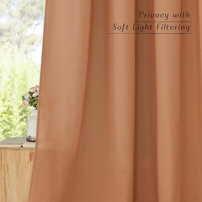 NICETOWN Linen Flax Semi Sheer Curtains 92" Length, Grommet Window Treatments Privacy Added with Light Penetration Vertical Drapes for Loft/Home Office, Burnt Orange, W55 x L92, 2 Panels