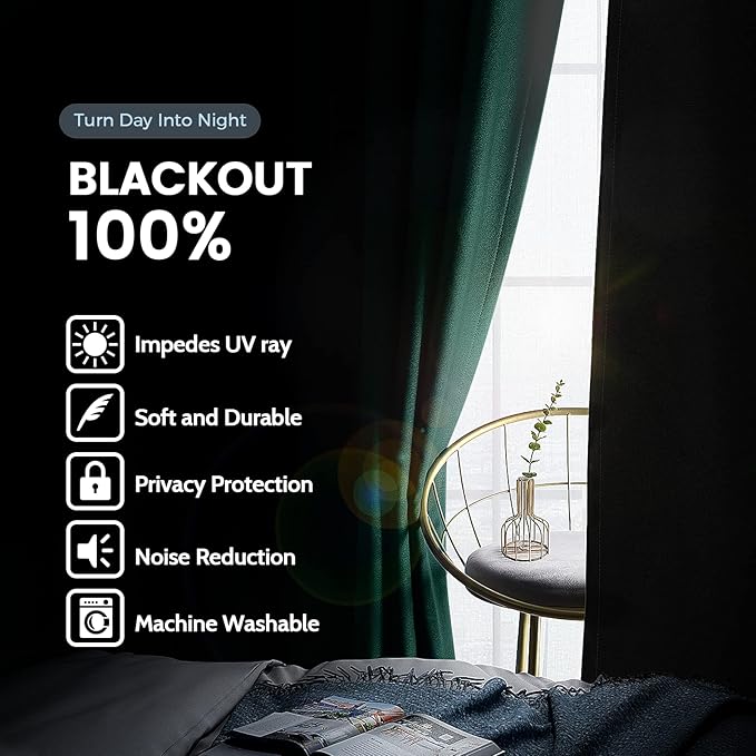 SimpleHome 100% Blackout Curtains for Bedroom,Thermal Insulated Grommet Window Drapes Room Darkening Dark Green Curtains for Living Room with Black Back,52 x 96 Inch,2 Panels